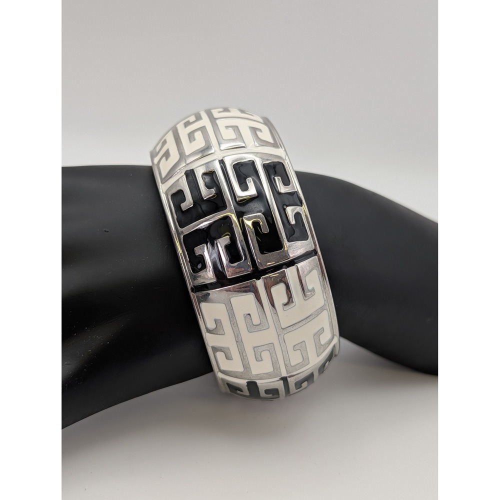 Black White Enamel Greek Key Hinge Bangle Bracelet Silver Tone Geometric